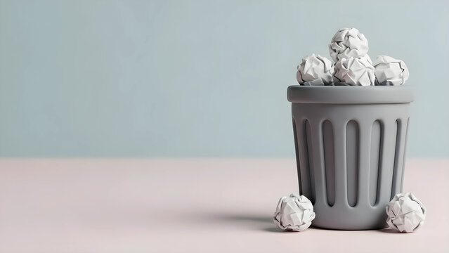 【3Dクレイアート】ゴミ箱と紙くずと広大な余白　不要なデータの削除と整理整頓を象徴するビジネス背景素材　手作り粘土風　断捨離やリセットのイメージ