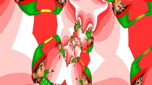 Seamless psychedelic animation of dancing elves. Hypnotic Christmas background.