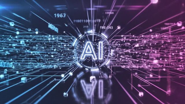 P216-Ai technology banner blue pink background with digital lines technology light effect. Stream interne 4K 10s