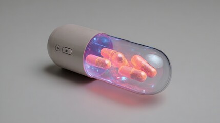 Futuristic capsule with glowing pills and digital interface