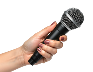 Hand gripping a microphone against a black background