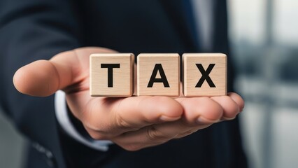 Hand holding wooden blocks spelling the word tax closeup