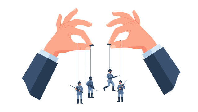 Two large hands manipulate small people like puppets, symbolizing control and manipulation.