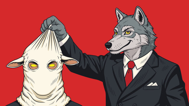 Wolf in a suit unmasking a sheep revealing its true identity.