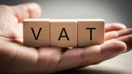 Hand holding wooden blocks spelling VAT tax abbreviation concept.