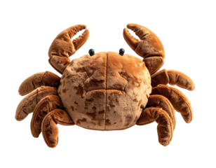 Plush crab toy with large pincers against dark backdrop