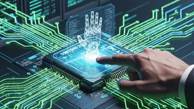 P21-CPU A.I. touching by human isometric background. Futuristic microchip ai processor with circuit boar 4K 10s