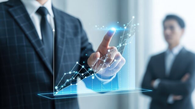 Businessman interacts with glowing digital upward trending financial graph. - Powered by Adobe