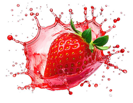 A vibrant red strawberry erupts in a splash of juice, showcasing freshness