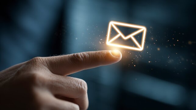 Close-up of a finger pointing toward an illuminated outline of an envelope, symbolizing digital communication. The background is a blurred dark blue - Powered by Adobe