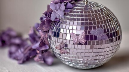 Mirrored sphere adorned with glittering purple butterflies and fabric flowers rests on a light surface.