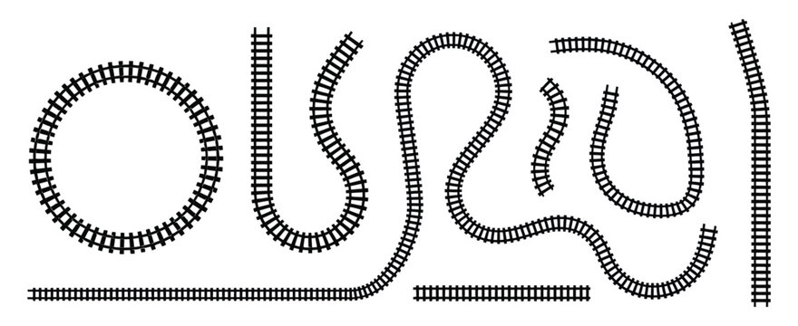 Railway tracks silhouette vector set, train line and rails icon collection isolated on white background, straight and curved railroad path for transportation and logistics design.