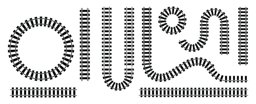 Railway tracks silhouette vector set, train line and rails icon collection isolated on white background, straight and curved railroad path for transportation and logistics design.