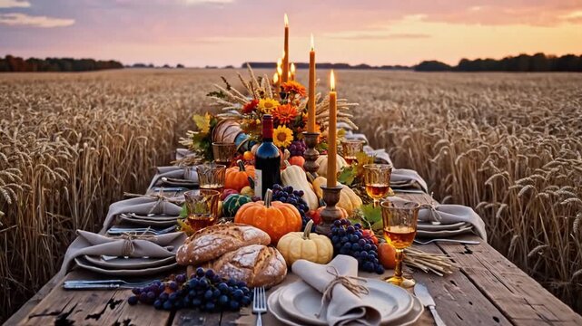 P207-Autumn outdoor long banquet table setting wheat field fall harvest season wide rustic fete part 4K 10s
