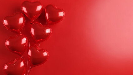 Shiny red heart shaped balloons and bright glass hearts create a romantic holiday decoration on a white and red texture background for a Valentine celebration or Christmas gift design