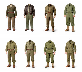 Obraz premium US Army 1940s WWII Uniform Set — 8 Isolated Outfits on White Background, Photorealistic illustration