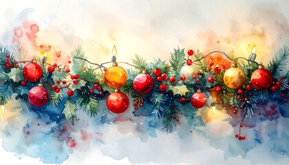 A festive watercolor illustration featuring Christmas ornaments and foliage, illuminated with string lights against a blurred backdrop