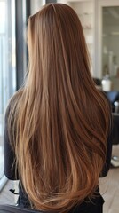 Long light brown hair with neat colour transitions demonstrates the hairdresser's skill and provides an excellent backdrop for advertising beauty salons.