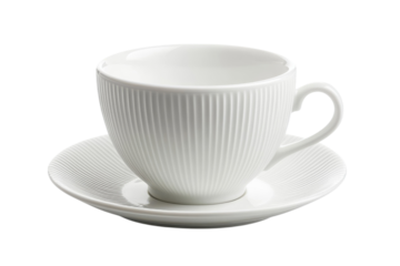 White coffee cup on saucer in minimalist style with soft natural lighting on ceramic texture for table setting isolated on transparent background
