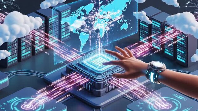 P204-Data ai transmission in technology isometric background with CPU clouds and human hand. Global futu 4K 10s