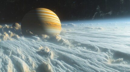 The majestic ringed planet floating above the clouds creates an impression of cosmic infinity, which will serve as a unique backdrop for scientific presentations about the universe.