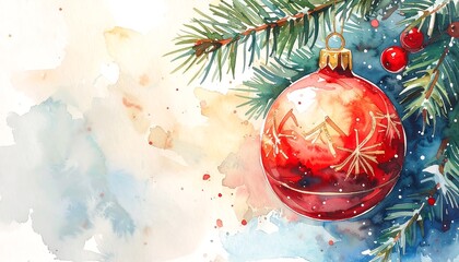 A festive, watercolor-style holiday scene. Features a red ornament with gold stars, pine boughs, and red berries. Soft pastel background