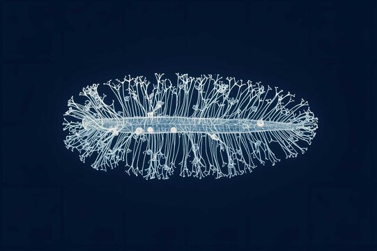 Microscopic view of a marine diatom, likely a pennate species, rendered in a cyanotype style against a dark blue background