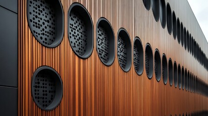 This modern building with its original façade of wooden panels and round perforated elements emphasises an urban style, making it ideal for atmospheric backgrounds in architectural presentations.