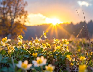 A field of wildflowers at sunset