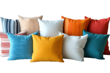 Colorful Throw Pillows in Vibrant Hues with Striped and Solid Patterns in Bright Studio Lighting for Home Decor isolated on transparent background