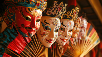 A close-up shot of decorative masks arranged in a row. Each mask showcases intricate details and vibrant colors AI Generative
