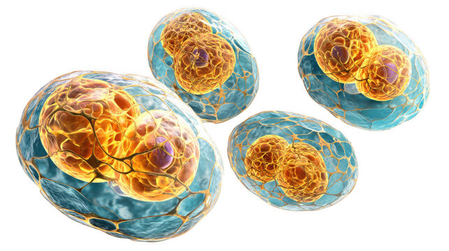 Cell mitosis illustrating the division of one cell into two identical daughter cells, crucial for growth and repair in organisms, set against a transparent background