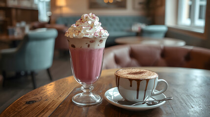 Pink milk shake and cocoa on table in cafe
