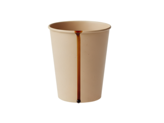 Brown paper coffee cup with dark liquid drip running down PNG. Dirty disposable takeaway mug. Leaking tea beverage container with coffee stain line isolated