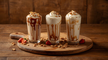 Three sweet milkshakes with nuts, caramel, strawberry and whipped cream at a wooden board on table background.