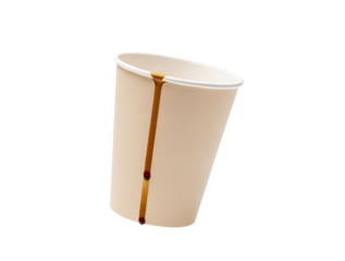 Tilted beige paper coffee cup with liquid drip PNG. Dirty disposable takeaway mug. Leaking beverage container with brown coffee stain isolated