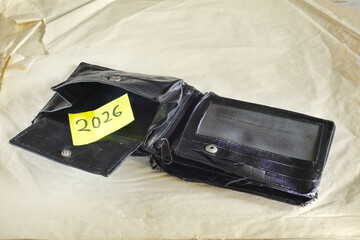 Poor business and financial prospects for 2026.Empty wallet, financial crisis, inflation,danger of poverty concept.
