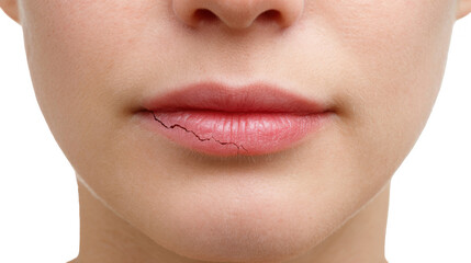 Obraz premium Close up of female lips suffering from dryness and cracking, highlighting the need for lip care and moisturizing treatment on a transparent background
