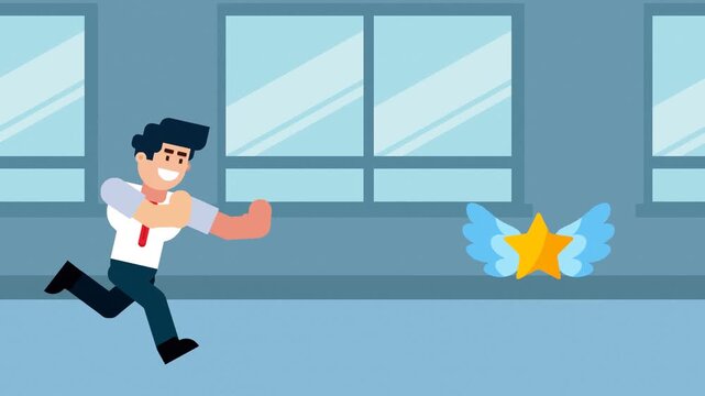 A cartoon illustration of a businessman running after a flying star with wings, symbolizing the pursuit of achievement, success, dreams, or recognition in business.

