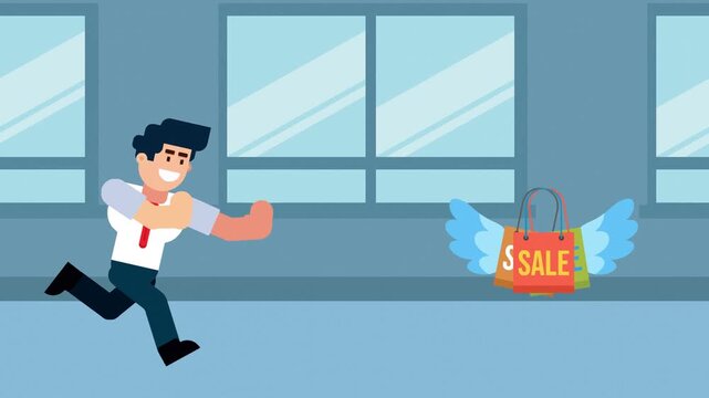 A cartoon illustration of a businessman running after a flying shopping bag with a "SALE" sign and wings, symbolizing the pursuit of discounts, shopping opportunities, or business deals.

