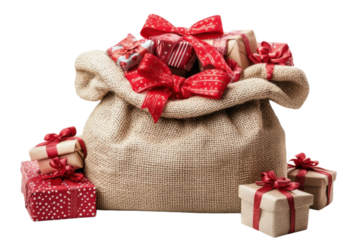Gift sack with red ribbons and bows in rustic burlap sack with wrapped presents in festive red and white wrapping for holiday season isolated on transparent background