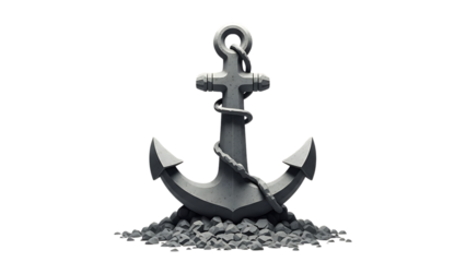Stone anchor symbol with coiled rope, resting on a pile of rocks, isolated on transparent background.