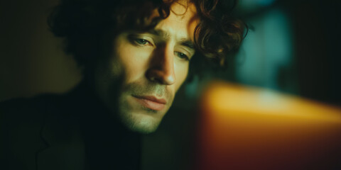 A pensive gaze captures the intimate and intense portrait of a man with curly hair, his expression evoking introspection and deep thought. The warm, moody lighting enhances the atmosphere.