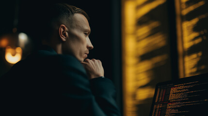 An engaged professional intently studies data on a computer screen. Focused on the complex task before him.