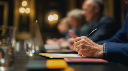 Obraz premium A serious and professional meeting atmosphere captured with a group of people at a conference table, illuminated by warm, soft lighting, where one person's hand is taking notes. 