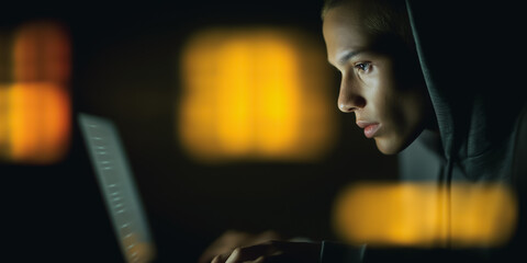 A focused individual immersed in the digital realm, illuminated by the glow of a laptop screen, within a shadowed setting of intense concentration.
