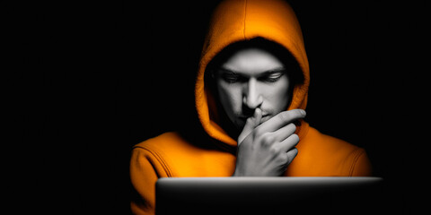 A person is seen in a striking shot. a man in an orange hoodie engrossed in thought while looking at laptop. the darkness adds an air of mystery.
