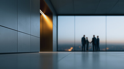 Fototapeta premium A group of silhouettes stand by a vast window, gazing at a cityscape below, bathed in the tranquil light of dusk, signifying collaboration, decision, or the contemplation of achievement.