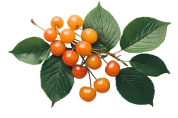 Orange berries with green leaves in vibrant colorful illustration on white background for botanical design isolated on transparent background