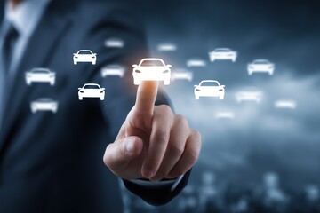 Businessman finger selects glowing car icon from digital display
